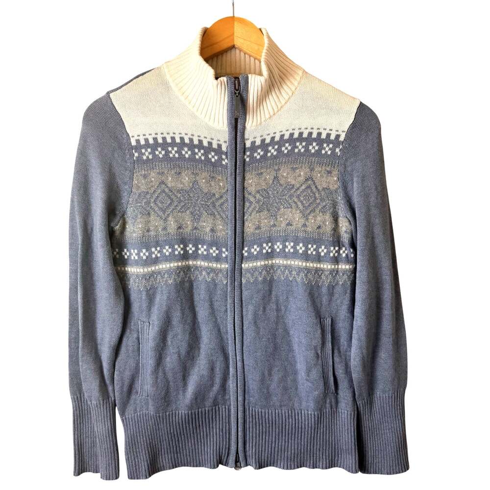 Eddie Bauer Fair Isle Full Zip Sweater Funnel Neck Womens Medium Blue Grandma